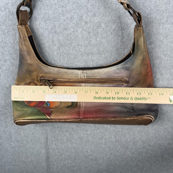 Anuschka Purse Womens Brown Floral Lotus Hand Painted Leather Shoulder Bag - Picture 12 of 13